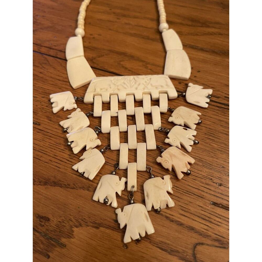 Vintage Bone Necklace 21" Statement Bib Elephant Design 5" Drop - Picture 6 of 7